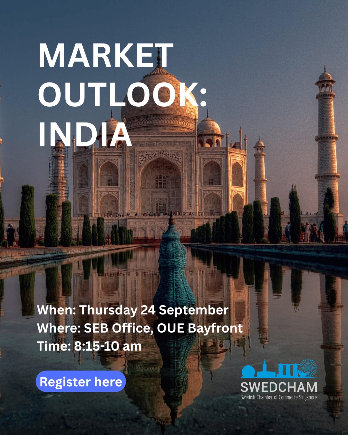 Event card for Market Outlook: India, showing the Taj Mahal reflected in water